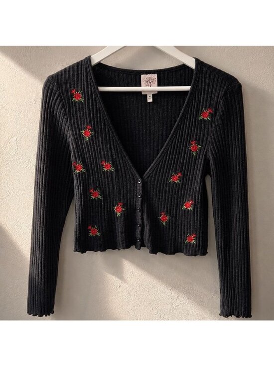 Self Esteem Sweaters - Whimsigoth 90s M Black Rib Knit Cropped Cardigan Embroidered Long Sleeve Sweater